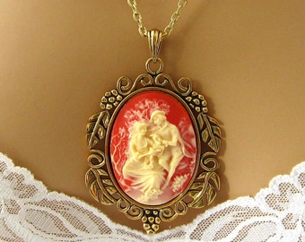 Romantic Cameo: Lovers in the Garden Peach Cameo Necklace, Antiqued Gold, Romantic Renaissance Jewelry, Romantic Orange Cameo Necklace