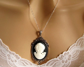 Black Cameo: Grecian Woman Black Cameo Necklace Vintage Inspired Black White Cameo Renaissance Wedding Jewelry Gift for Her Romantic Jewelry