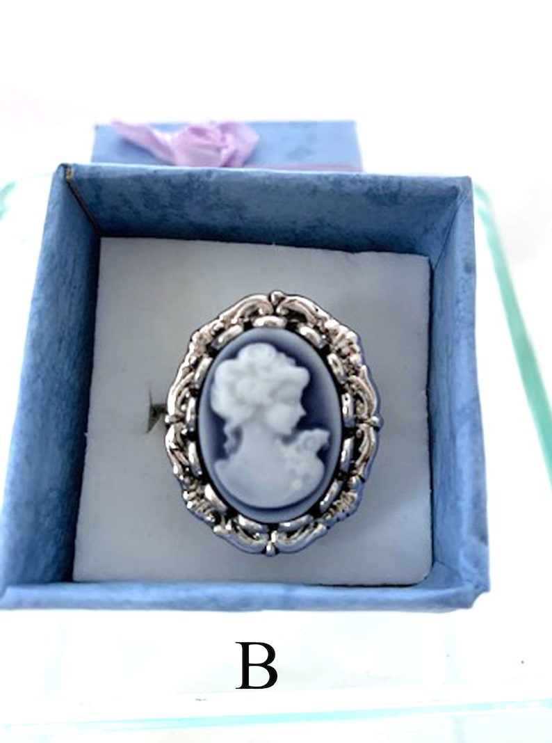 May include: A silver ring with a blue and white cameo featuring a woman's profile. The ring is in a blue velvet box with the letter "B" printed on the bottom.