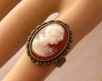 Victorian Lady Adjustable Peach Cameo Ring, Victorian Jewelry, Cameo Jewelry Gift, Bezel Set Victorian Ring, Adjustable Ring Gold or Bronze