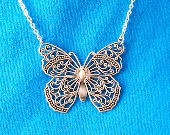 Large Butterfly Necklace, Silver Butterfly Necklace, Art Nouveau Jewelry, Silver Butterfly Jewelry, Insect Jewelry, Antiqued Silver