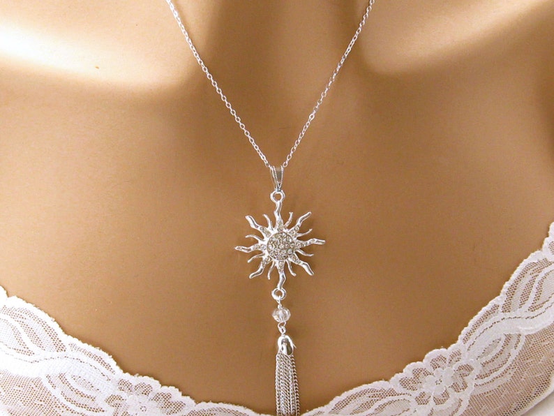 Silver Choose Your Length Rhinestone Gold Tassel Necklace