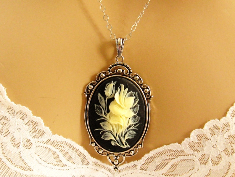 Flower Cameo Necklace, Victorian Black Cameo, Rose Blue Cameo Necklace, Victorian Cameo Jewelry, Sterling Silver Chain Black