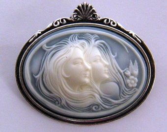 Two Sisters Cameo Brooch, Two Women Blue Cameo Pin, Best Friend Jewelry, Mother Daughter Jewelry Gift, Silver or Gold