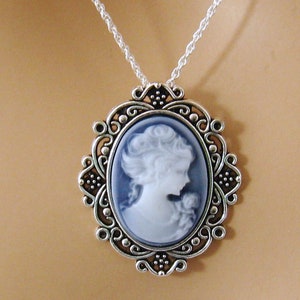 Small Blue Cameo: Victorian Woman Blue Cameo Necklace, Vintage Inspired Romantic Victorian Jewelry, Antiqued Silver, Blue Cameo Necklace image 2