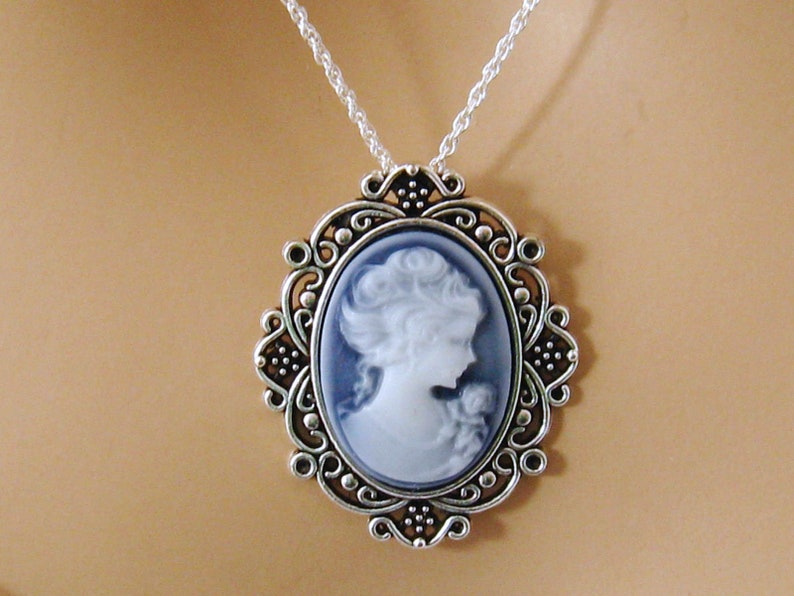 Small Blue Cameo: Victorian Woman Blue Cameo Necklace, Vintage Inspired Romantic Victorian Jewelry, Antiqued Silver, Blue Cameo Necklace image 2