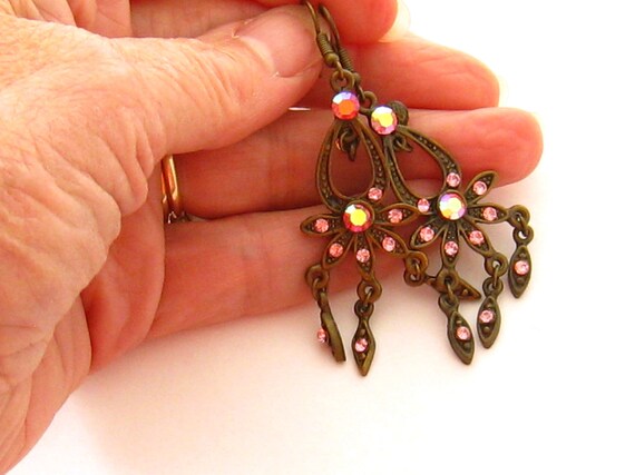 Pink Chandelier Earrings, Antiqued Bronze Earring… - image 5