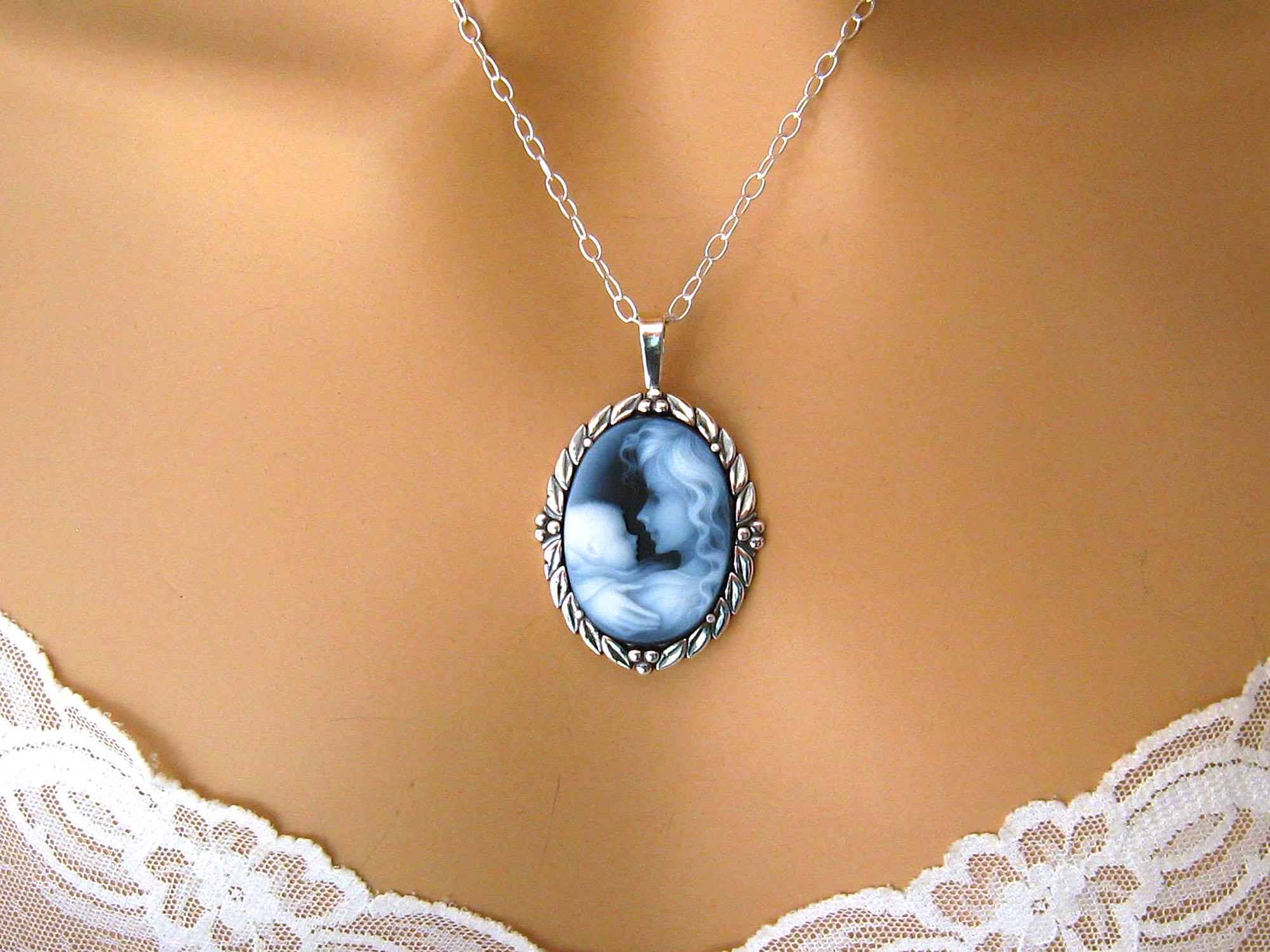 Sterling Silver Real Cameo Necklace, Carved Agate Genuine Cameo