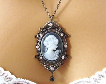 Slate Blue Cameo: Victorian Woman Blue Cameo Necklace, Rhinestone Studded Victorian Blue Cameo Jewelry, Gray Cameo Necklace, Grey Cameo