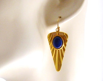Gold Art Deco Earrings, Victorian Jewelry, Lapis Blue Earrings, Gold Earrings, Geometric Earrings
