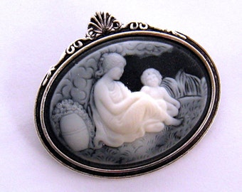 Mother's Day Gift Mother Child Cameo Brooch, Mother Child Black Cameo Pin, Mother Child Jewelry, New Mom Gift, Silver or Gold