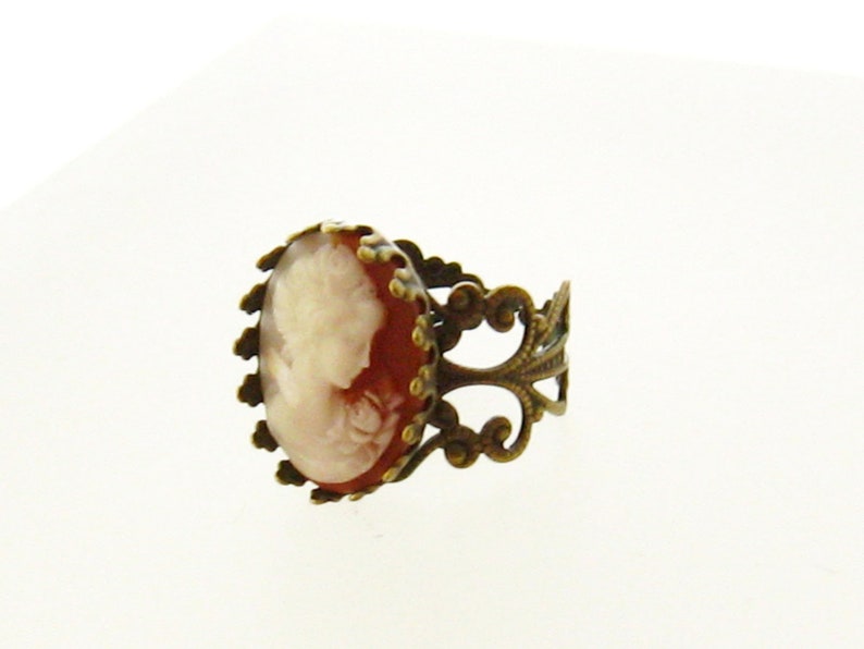 Victorian Lady Adjustable Peach Cameo Ring/Victorian Jewelry/Cameo Jewelry Gift,/Bezel Set Pearl Ring/Adjustable Gold Filigree Bronze Ring image 1