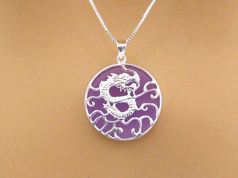 Lavender Jade Sterling Silver Dragon Necklace Chinese Dragon Purple Jade Luck Wisdom Jewelry Gift for Her