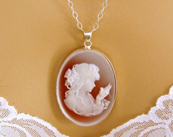 925 Sterling Silver Cameo Necklace, Jewelry Gift, Victorian Necklace, Woman and Bird Peach Cameo Victorian Jewelry Gift for Wife Sister