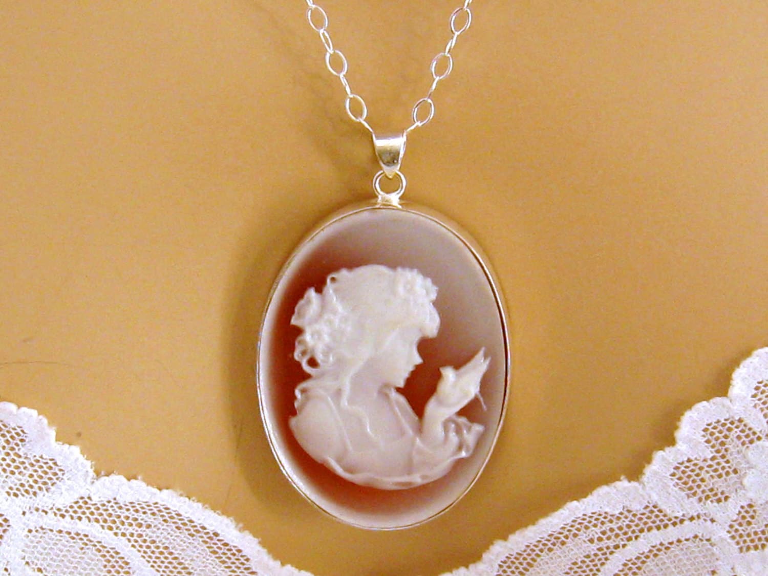 925 Sterling Silver Cameo Necklace, Jewelry Gift, Victorian Necklace, Woman and Bird Peach Cameo Victorian Jewelry Gift for Wife Sister