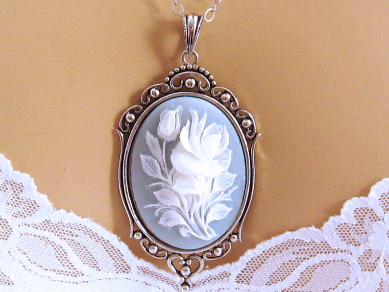 Flower Cameo Necklace, Victorian Black Cameo, Rose Blue Cameo Necklace, Victorian Cameo Jewelry, Sterling Silver Chain Blue