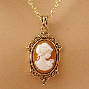 Small Peach Cameo: Victorian Woman Peach Cameo Necklace, Vintage Inspired Romantic Victorian Jewelry, Antiqued Gold, Peach Cameo Necklace image 4