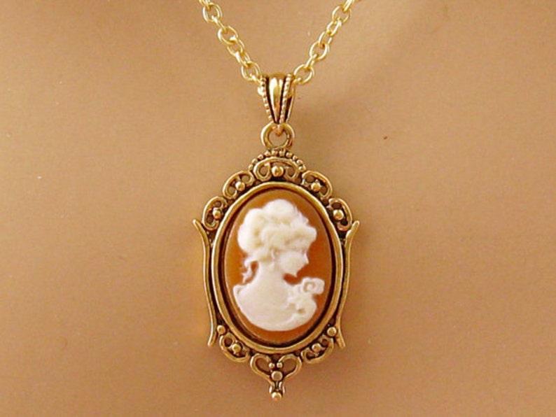 Small Peach Cameo: Victorian Woman Peach Cameo Necklace, Vintage Inspired Romantic Victorian Jewelry, Antiqued Gold, Peach Cameo Necklace image 4