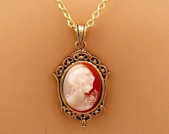 Small Peach Cameo: Victorian Woman Peach Cameo Necklace, Antiqued Gold, Vintage Inspired Romantic Victorian Jewelry, Delicate Cameo Necklace