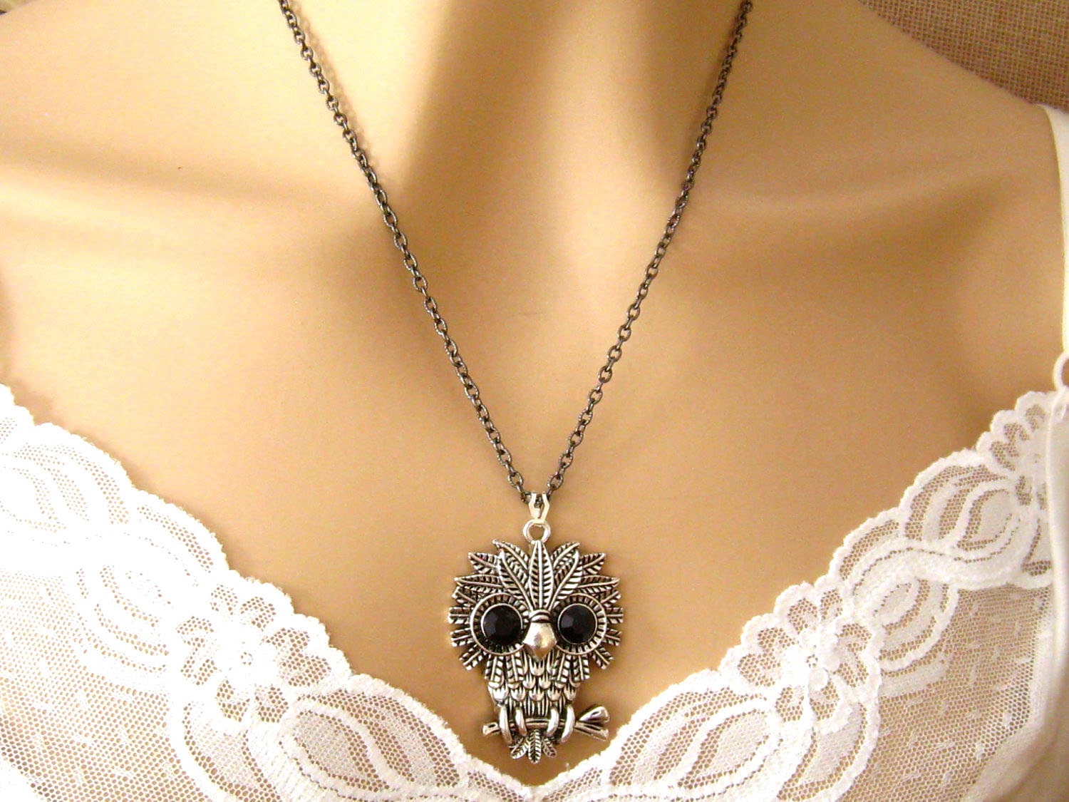 Silver Owl Necklace, Owl Pendant, Large Owl Necklace