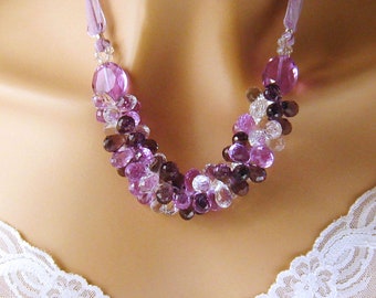 Purple Bling Necklace, Crystal Cluster Purple Necklace, Purple Jewelry, Purple Crystal Necklace, Silver