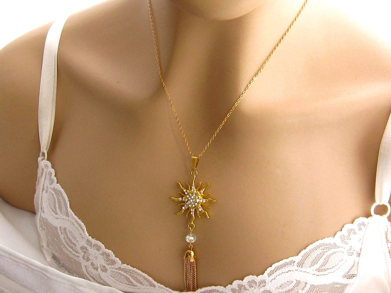 Silver Choose Your Length Rhinestone Gold Tassel Necklace