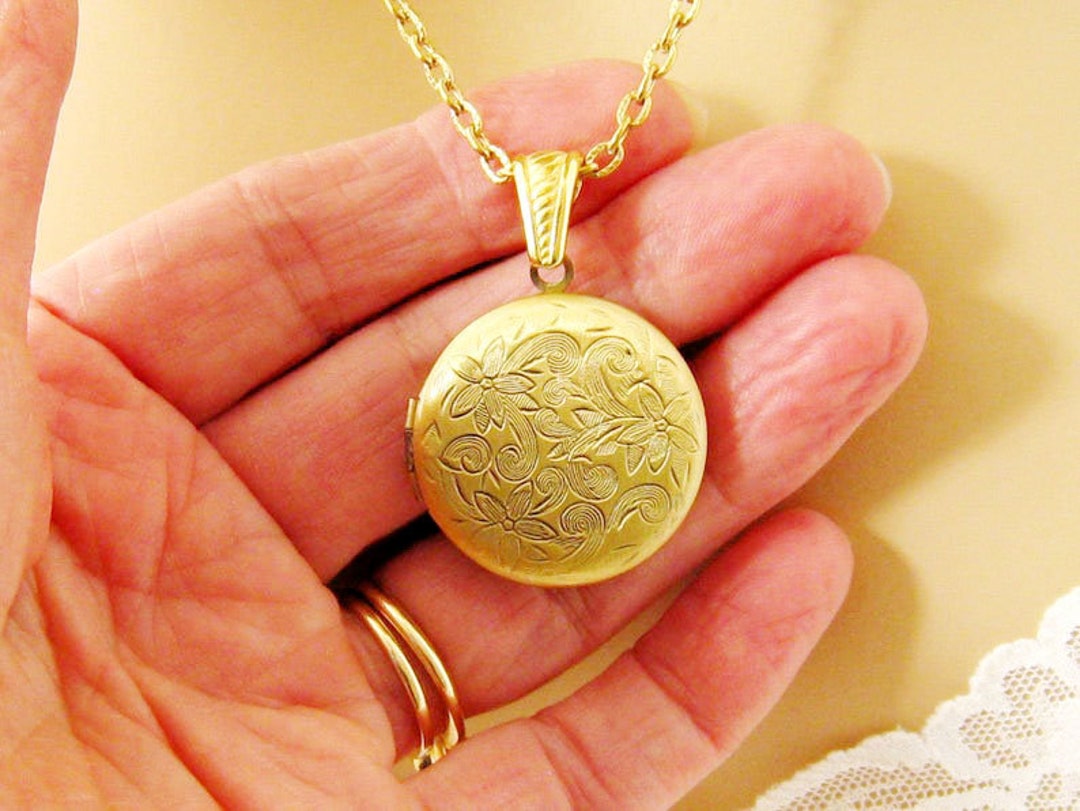 Locket Necklace Gold Round Locket Necklace Etched Photo Etsy