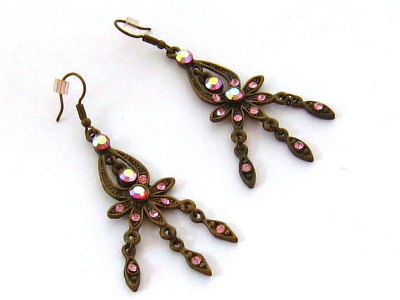 Pink Chandelier Earrings, Antiqued Bronze Earring… - image 4