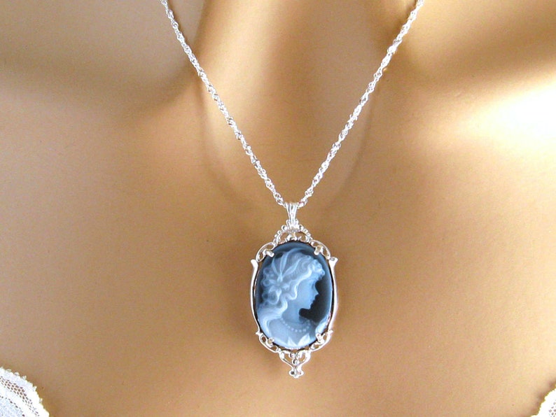 Blue Cameo: Victorian Woman Real Cameo Necklace, Sterling Silver, Vintage Inspired Romantic Victorian Jewelry, Romantic Gift for Her image 6
