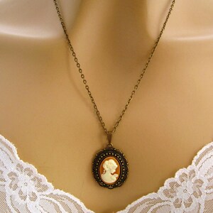 Peach Cameo: Victorian Woman Peach Gold Cameo Necklace, Vintage Inspired Romantic Victorian Jewelry, Antiqued Bronze, Peach Cameo Necklace image 4