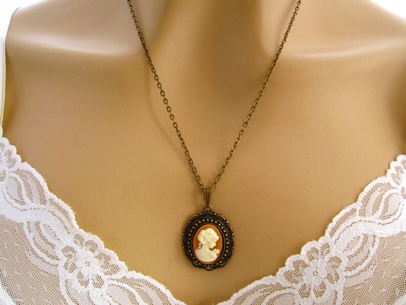 Peach Cameo: Victorian Woman Peach Gold Cameo Necklace, Vintage Inspired Romantic Victorian Jewelry, Antiqued Bronze, Peach Cameo Necklace image 4