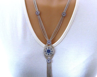 Sterling Silber Türkische 3 Stränge Fuchsschwanz Quaste Statement Halskette und Ohrringe Blaue Emaille Medaillons Vintage Türkische SchmuckSet Art Deco
