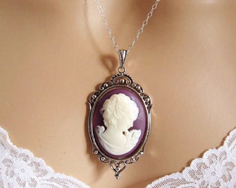 Purple Cameo Necklace/Victorian Woman Cameo Necklace Victorian Jewelry Vintage Style Plum Victorian Cameo Necklace Jewelry Gift Idea for Her