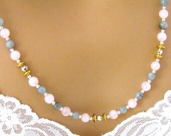 Rose Quartz and Aquamarine Necklace, Pink Necklace, Long Light Pink and Blue Stone Necklace, Pale Pink Necklace