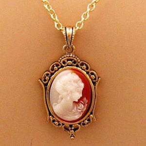 Small Peach Cameo: Victorian Woman Peach Cameo Necklace, Vintage Inspired Romantic Victorian Jewelry, Antiqued Gold, Peach Cameo Necklace image 7