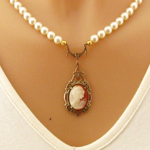 Victorian Woman Cameo Pearl Necklace, Victorian Pearl Cameo Necklaces, Single Strand Pearl Necklace, Cameo Jewelry, Romantic Pearl Jewelry image 7