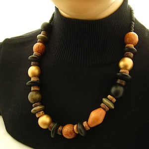 kralen houten ketting, houten sieraden, houten verjaardagscadeau voor haar, 5e verjaardag, cadeau voor vrouw, zwart goudbruine houten ketting
