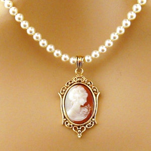 Victorian Small Cameo Pearl Necklace, Victorian Pearl Cameo Necklace, Single Strand Pearl Necklaces, Cameo Jewelry, Romantic Pearl Jewelry image 9
