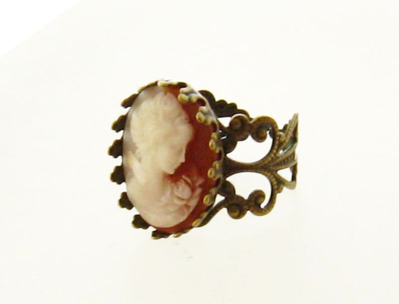 Victorian Lady Adjustable Peach Cameo Ring/Victorian Jewelry/Cameo Jewelry Gift,/Bezel Set Pearl Ring/Adjustable Gold Filigree Bronze Ring image 7