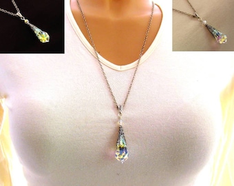 Clear Crystal Necklace/Sterling Silver/Aurora Borealis Prism Crystal Pendant Necklace, April Birthstone/Victorian Jewelry