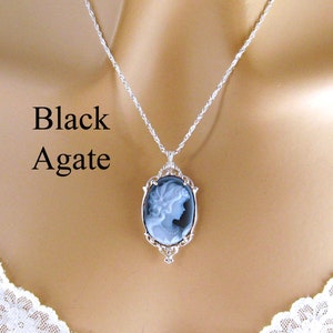 Blue Cameo: Victorian Woman Real Cameo Necklace, Sterling Silver, Vintage Inspired Romantic Victorian Jewelry, Romantic Gift for Her Carved Black Agate