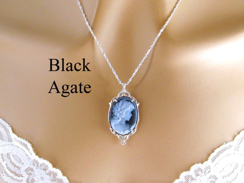 Blue Cameo: Victorian Woman Real Cameo Necklace, Sterling Silver, Vintage Inspired Romantic Victorian Jewelry, Romantic Gift for Her Carved Black Agate