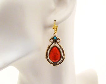 Coral and Turquoise Teardrop Earrings, Magnesite Coral Statement Earrings