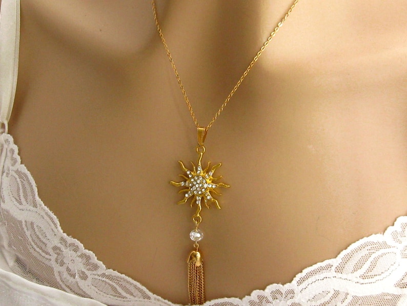 Silver Choose Your Length Rhinestone Gold Tassel Necklace