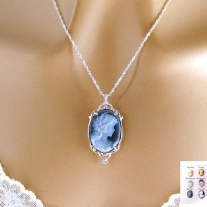 Blue Cameo: Victorian Woman Real Cameo Necklace, Sterling Silver, Vintage Inspired Romantic Victorian Jewelry, Romantic Gift for Her image 1