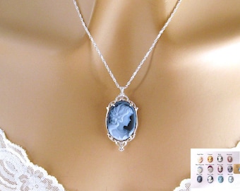 Blue Cameo: Victorian Woman Real Cameo Necklace, Sterling Silver, Vintage Inspired Romantic Victorian Jewelry, Romantic Gift for Her