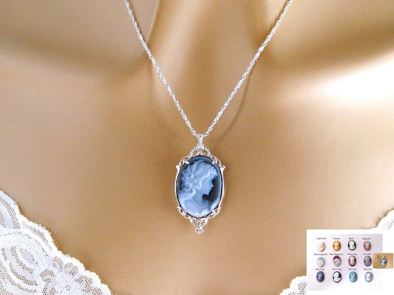 Blue Cameo: Victorian Woman Real Cameo Necklace, Sterling Silver, Vintage Inspired Romantic Victorian Jewelry, Romantic Gift for Her image 1