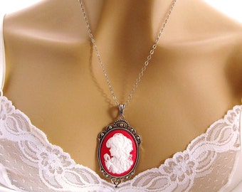 Red Cameo: Goth Style Victorian Woman Red Cameo Necklace, Red Goth Necklace, Victorian Wedding Cameo Jewelry, Romantic Jewelry Gift