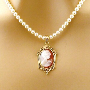 Victorian Small Cameo Pearl Necklace, Victorian Pearl Cameo Necklace, Single Strand Pearl Necklaces, Cameo Jewelry, Romantic Pearl Jewelry image 8