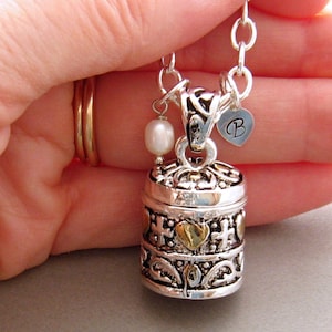 Prayer Box Necklace, Secret Compartment Locket Necklace, Hearts and Cross Personalized Prayer Box Necklace, Sterling Fill Chain Cylinder (Shown)